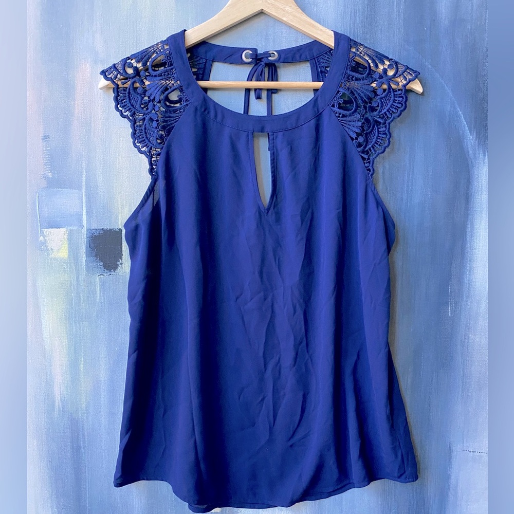 Express Royal Blue Lace Shoulder Keyhole Blouse